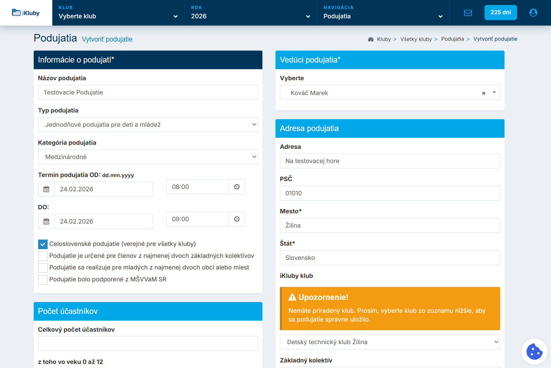Vytvorenie podujatia v systéme iKluby